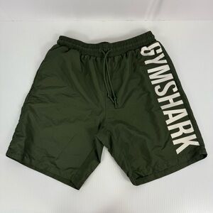 Gymshark Men Swim Shorts M Lined Elastic Tie Waist Army Green Trunks Spell Out